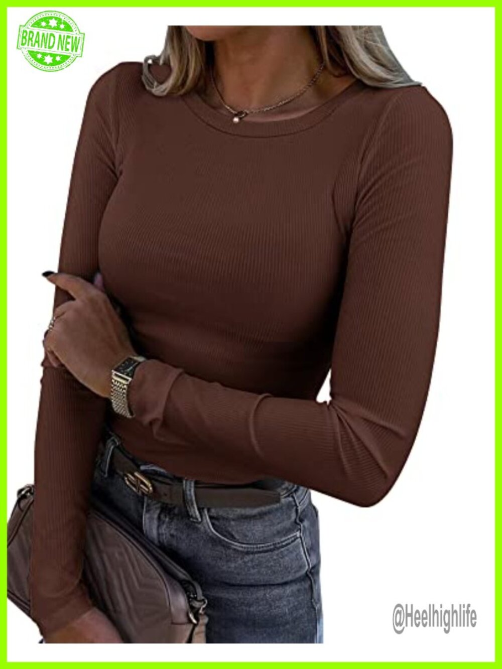 Roselux Womens Long Sleeve Ribbed Crewneck Fitted Casual Basic Top